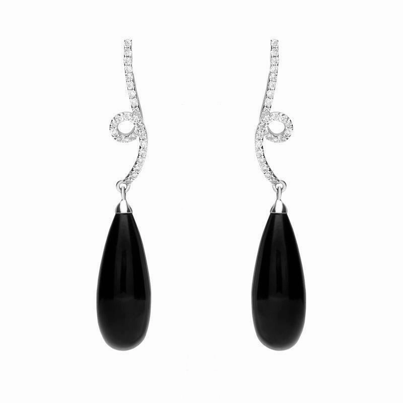 18ct White Gold Whitby Jet and Diamond Swirl Top Drop Earrings