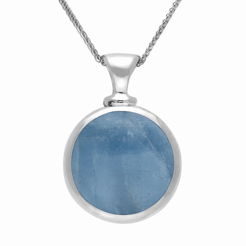 18ct White Gold Whitby Jet Aquamarine Double Sided Round Dinky Fob Necklace