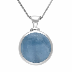 18ct White Gold Whitby Jet Aquamarine Double Sided Round Dinky Fob Necklace