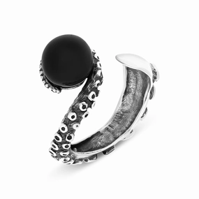 18ct White Gold Whitby Jet Bead Swirl Tentacle Ring