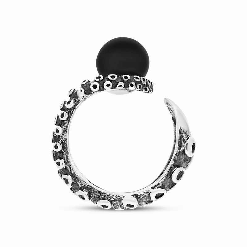 18ct White Gold Whitby Jet Bead Swirl Tentacle Ring