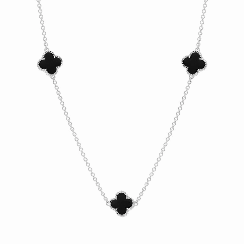 18ct White Gold Whitby Jet Bloom Four Leaf Clover Ball Edge Necklace