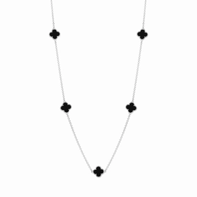 18ct White Gold Whitby Jet Bloom Four Leaf Clover Ball Edge Necklace