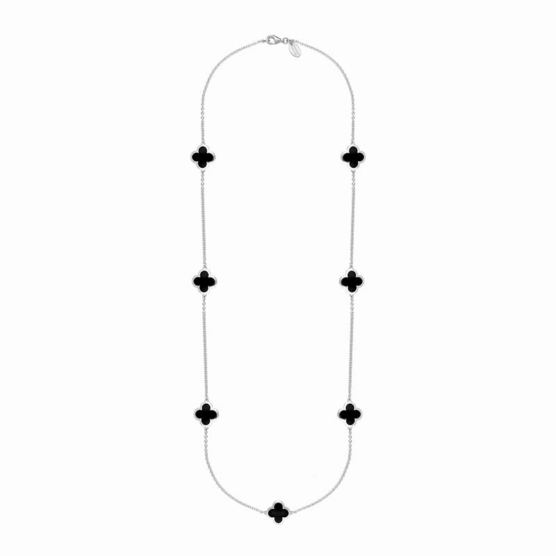 18ct White Gold Whitby Jet Bloom Four Leaf Clover Long Necklace