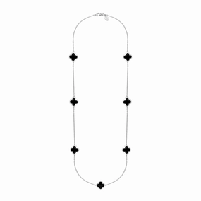 18ct White Gold Whitby Jet Bloom Four Leaf Clover Long Necklace