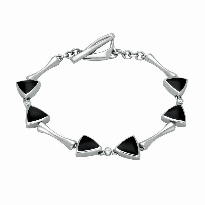 18ct White Gold Whitby Jet Diamond 6 Stone Curved Triangle Bracelet