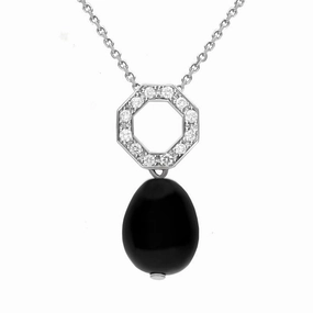 18ct White Gold Whitby Jet Diamond Bead Pave Set Open Octagon Necklace