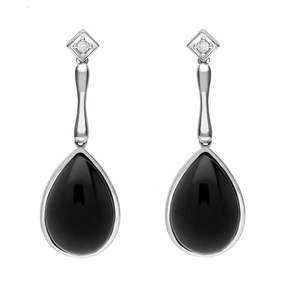 18ct White Gold Whitby Jet Diamond Long Pear Earrings D