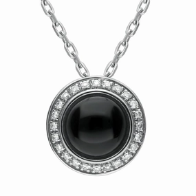 18ct White Gold Whitby Jet Diamond Round Pave Edge Necklace