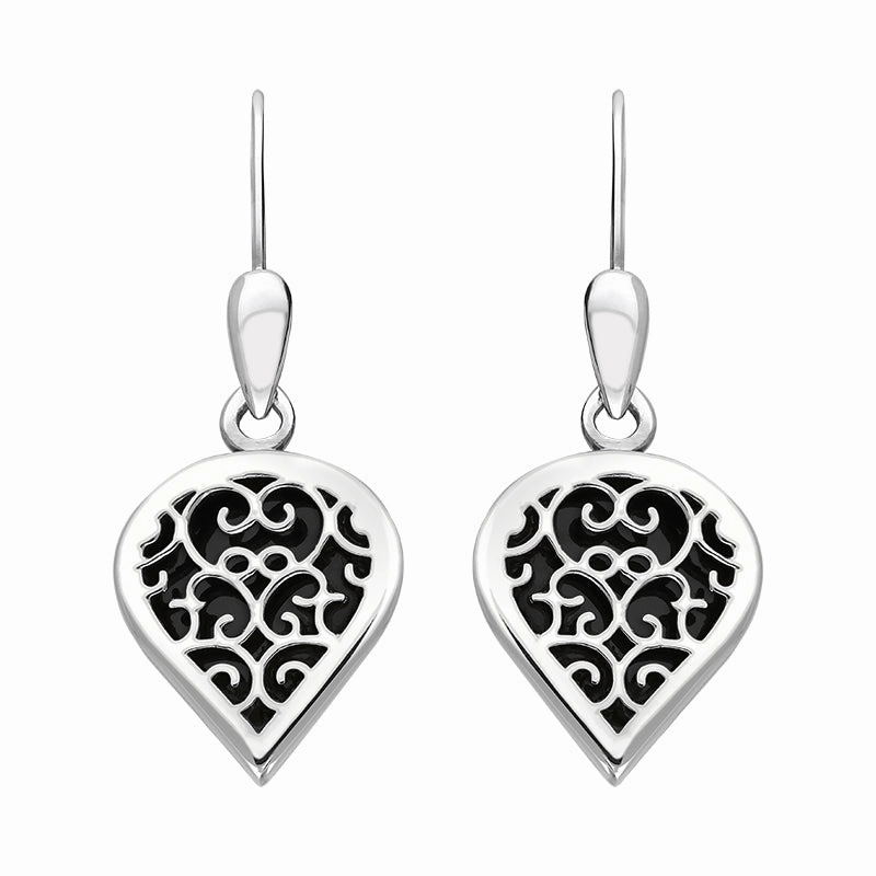 18ct White Gold Whitby Jet Flore Filigree Heart Drop Earrings