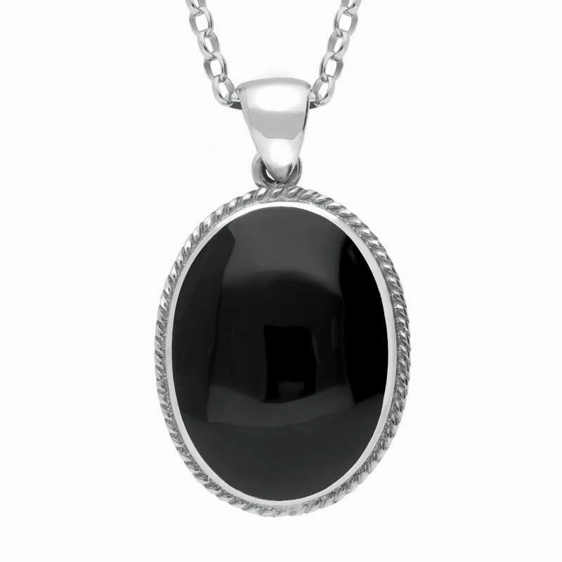 18ct White Gold Whitby Jet Heritage Rope Edge Large Oval Pendant