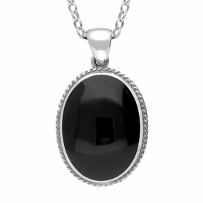 18ct White Gold Whitby Jet Heritage Rope Edge Large Oval Pendant