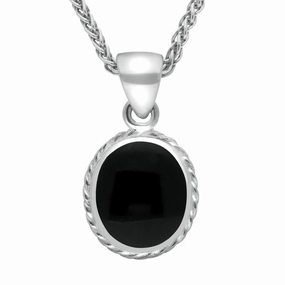 18ct White Gold Whitby Jet Heritage Rope Edge Oval Pendant
