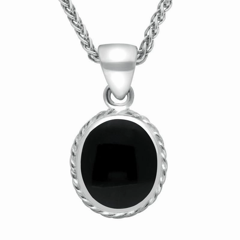 18ct White Gold Whitby Jet Heritage Rope Edge Oval Pendant