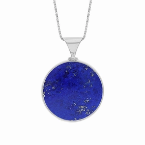 18ct White Gold Whitby Jet Lapis King's Coronation Hallmark Double Sided Round Necklace D