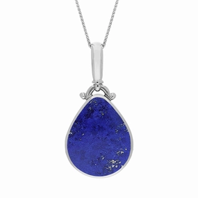 18ct White Gold Whitby Jet Lapis Lazuli Double Sided Pear Fob Necklace
