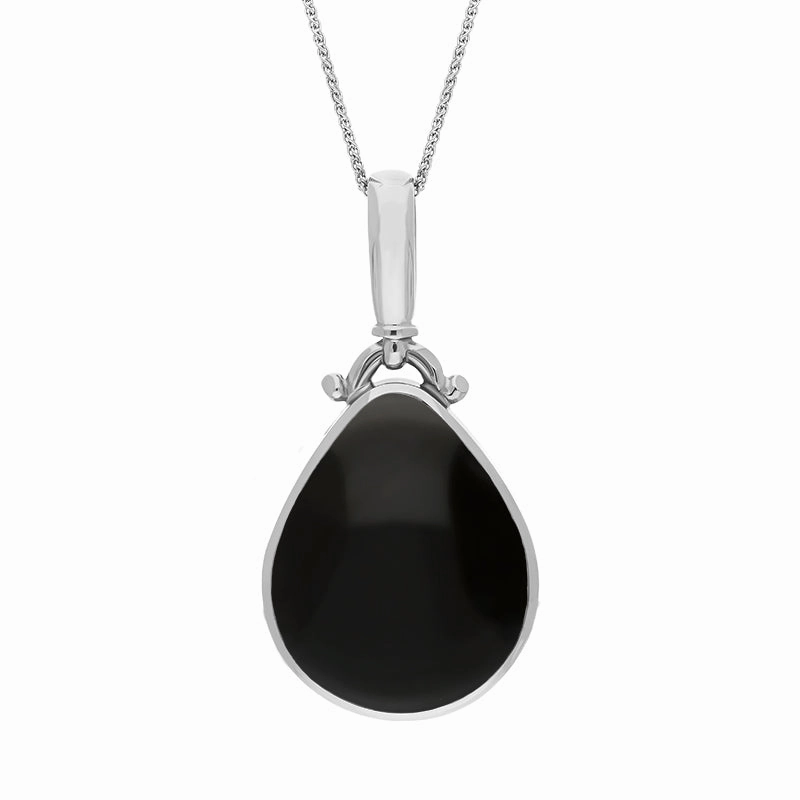 18ct White Gold Whitby Jet Lapis Lazuli Double Sided Pear Fob Necklace