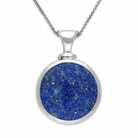 18ct White Gold Whitby Jet Lapis Lazuli Double Sided Round Dinky Fob Necklace