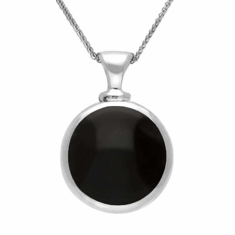 18ct White Gold Whitby Jet Lapis Lazuli Double Sided Round Dinky Fob Necklace
