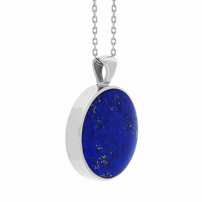 18ct White Gold Whitby Jet Lapis Lazuli Large Double Sided Round Fob Necklace