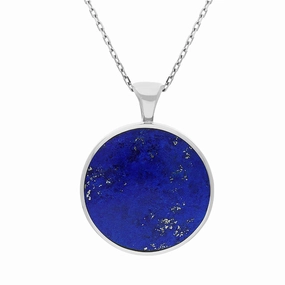 18ct White Gold Whitby Jet Lapis Lazuli Large Double Sided Round Fob Necklace
