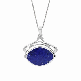 18ct White Gold Whitby Jet Lapis Lazuli Marquise Swivel Fob Necklace