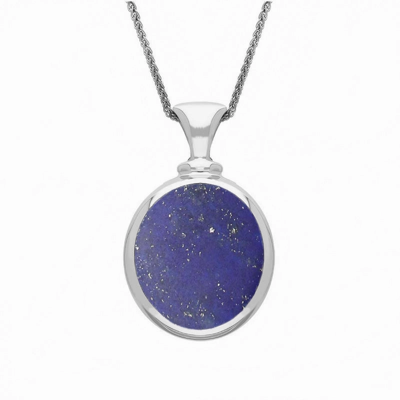 18ct White Gold Whitby Jet Lapis Lazuli Small Double Sided Oval Fob Necklace