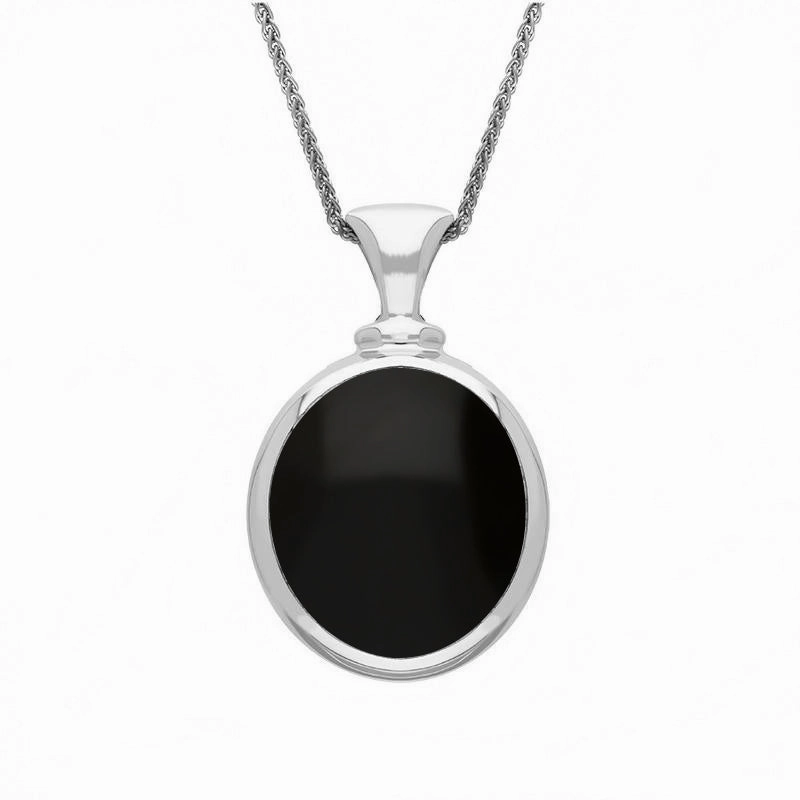 18ct White Gold Whitby Jet Malachite Small Double Sided Oval Fob Necklace
