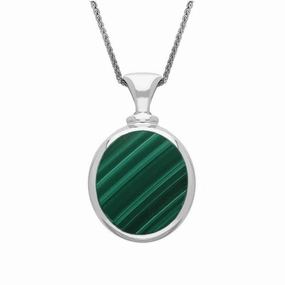 18ct White Gold Whitby Jet Malachite Small Double Sided Oval Fob Necklace