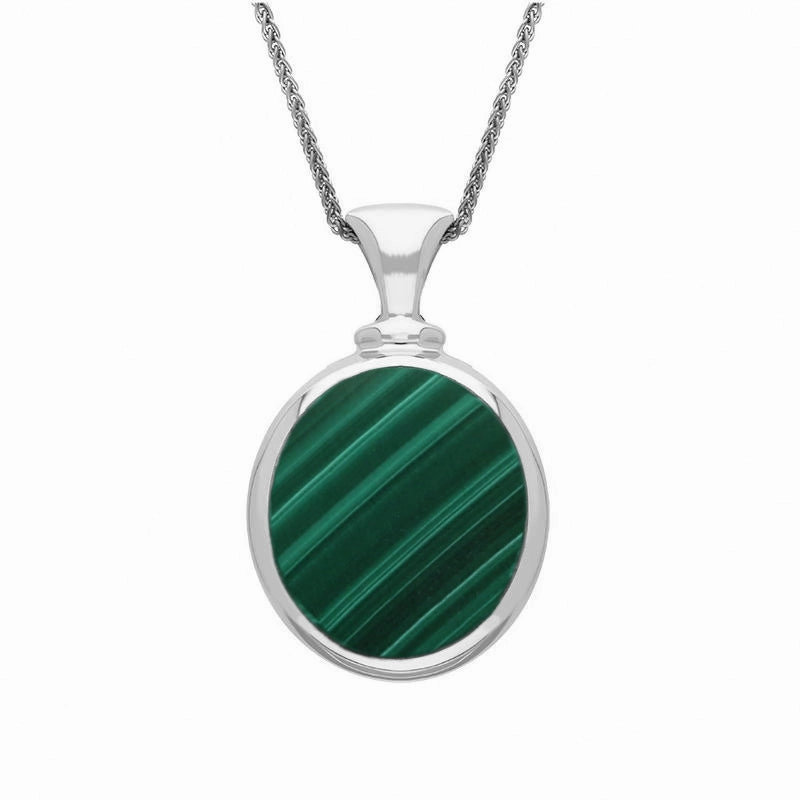18ct White Gold Whitby Jet Malachite Small Double Sided Oval Fob Necklace