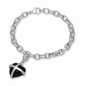 18ct White Gold Whitby Jet Medium Cross Heart Charm Bracelet