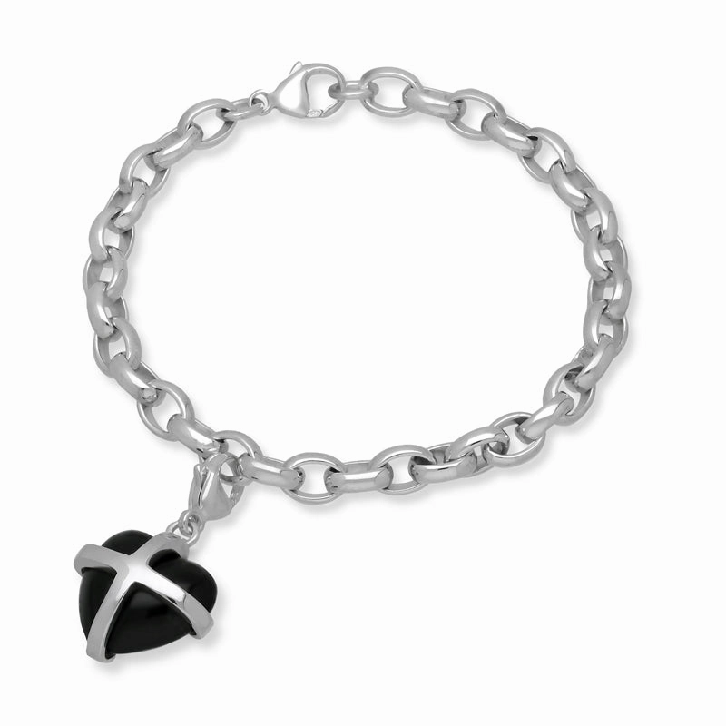 18ct White Gold Whitby Jet Medium Cross Heart Charm Bracelet