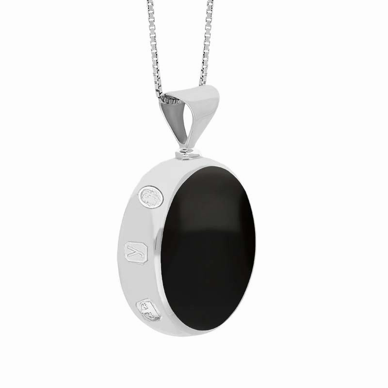 18ct White Gold Whitby Jet Mother of Pearl King's Coronation Hallmark Double Sided Round Necklace D