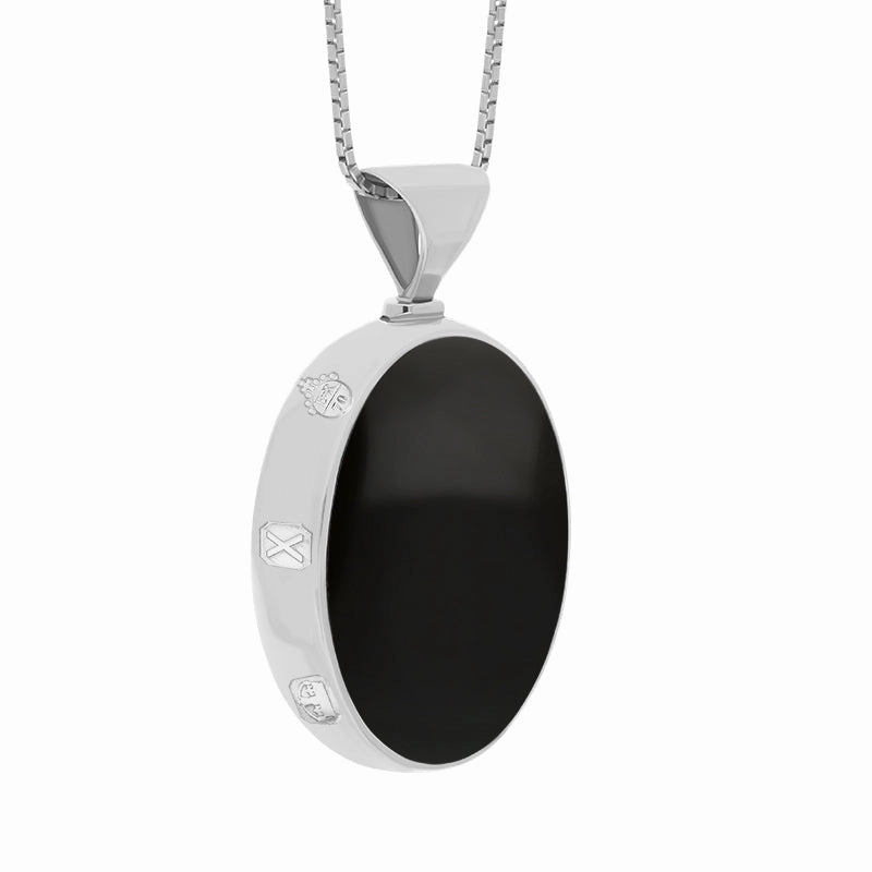18ct White Gold Whitby Jet Mother of Pearl Queens Jubilee Hallmark Double Sided Oval Necklace D