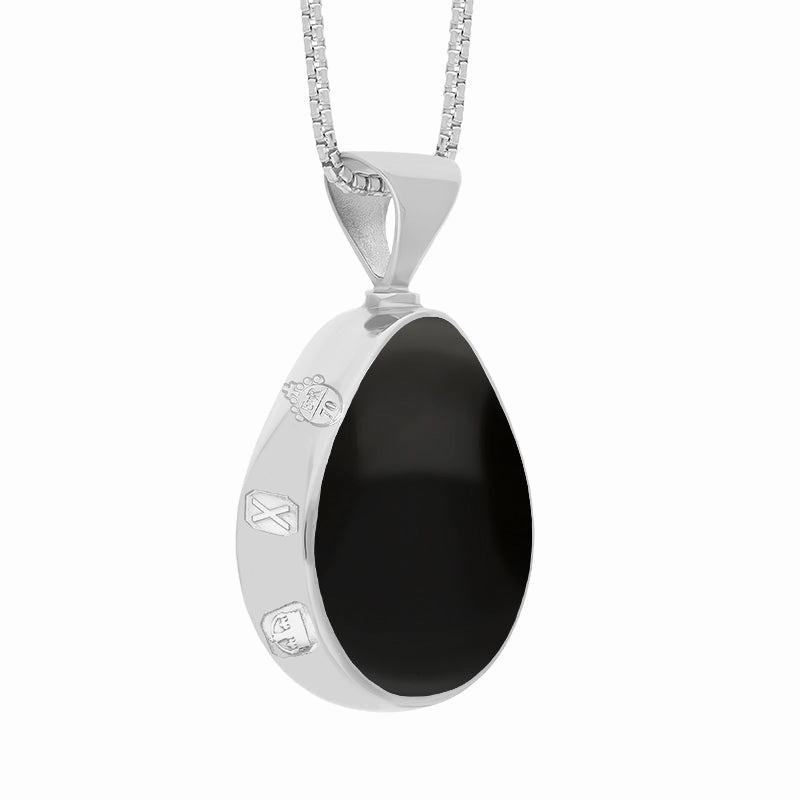 18ct White Gold Whitby Jet Mother of Pearl Queens Jubilee Hallmark Double Sided Pear-shaped Necklace D