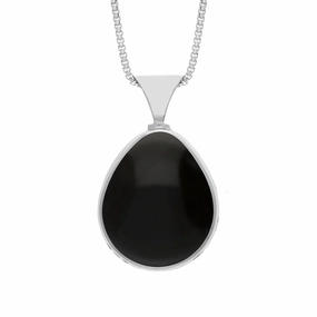 18ct White Gold Whitby Jet Mother of Pearl Queens Jubilee Hallmark Double Sided Pear-shaped Necklace D