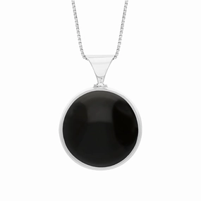 18ct White Gold Whitby Jet Mother of Pearl Queens Jubilee Hallmark Double Sided Round Necklace D