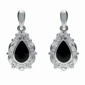 18ct White Gold Whitby Jet Pear Shaped Leaf Drop Earrings