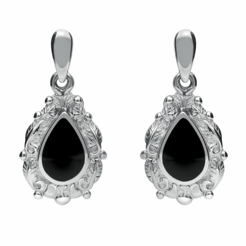 18ct White Gold Whitby Jet Pear Shaped Leaf Drop Earrings