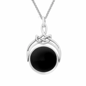 18ct White Gold Whitby Jet Round Swivel Fob Necklace