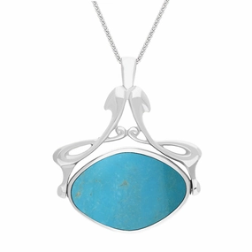 18ct White Gold Whitby Jet Turquoise Bell Diamond Swivel Fob Necklace