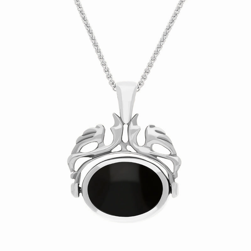 18ct White Gold Whitby Jet Turquoise Double Sided Oval Swivel Fob Necklace