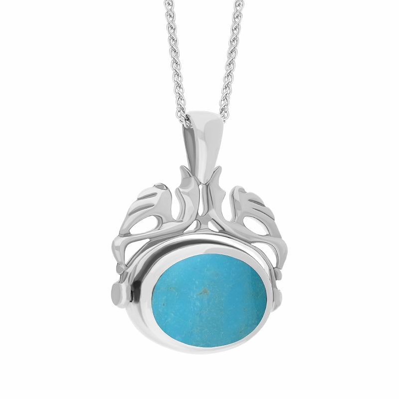 18ct White Gold Whitby Jet Turquoise Double Sided Oval Swivel Fob Necklace