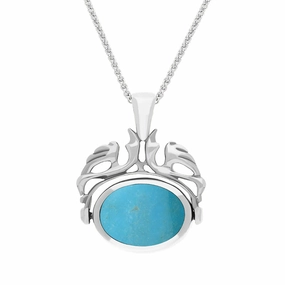 18ct White Gold Whitby Jet Turquoise Double Sided Oval Swivel Fob Necklace