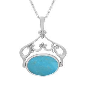 18ct White Gold Whitby Jet Turquoise Double Sided Oval Swivel Fob Necklace