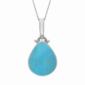 18ct White Gold Whitby Jet Turquoise Double Sided Pear Fob Necklace