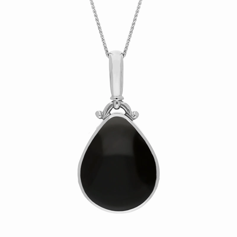 18ct White Gold Whitby Jet Turquoise Double Sided Pear Fob Necklace