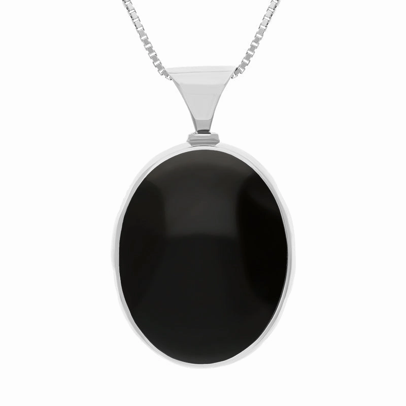 18ct White Gold Whitby Jet Turquoise King's Coronation Hallmark Double Sided Oval Necklace D
