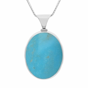 18ct White Gold Whitby Jet Turquoise King's Coronation Hallmark Double Sided Oval Necklace D