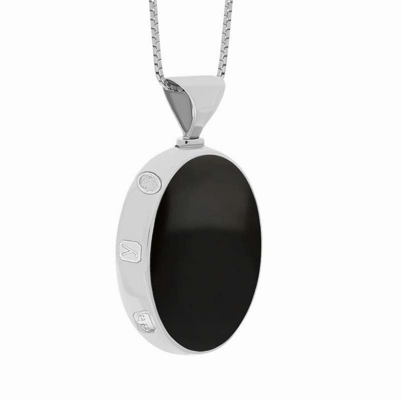 18ct White Gold Whitby Jet Turquoise King's Coronation Hallmark Double Sided Oval Necklace D